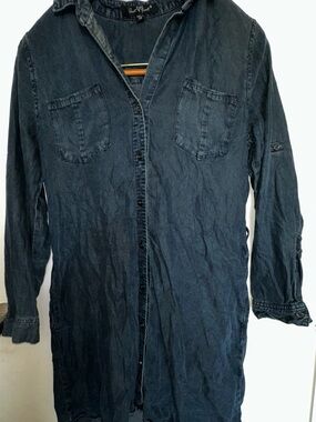 Velvet Heart Long Denim Shirt Jacket - Dark Blue